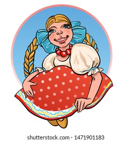 Vector portrait of young beautiful Slavic girl, wearing red traditional sundress. Ribbons in braids. Art nouveau style. Happy, colorful. Pastoral rural vintage style. Circle background.