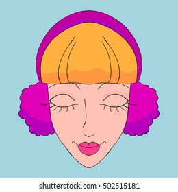 Vector portrait of young beautiful smiling woman with closed eyes, with warm earmuffs on her head. Earmuffs for cold weather. Pretty woman with red hair, pink lips and long eyelashes.