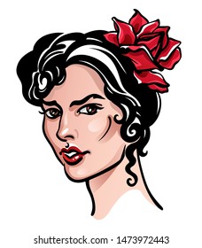Vector portrait of young beautiful Spanish flamenco dancer woman wearing red rose flower in hairs. Sexy red lips. White background, isolated. Fashion illustration.