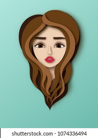 Vector Portrait Of Young Beautiful Woman With Long Hair. Modern Digital Paper Layered Art. Origami Style. Beauty And Fashion Concept