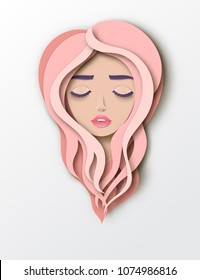 Vector portrait of young beautiful woman with long pink  hair. Modern digital paper layered art. Origami style. Beauty and fashion concept