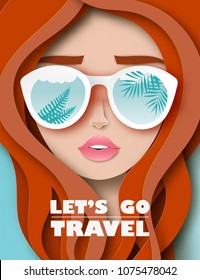 Vector portrait of young beautiful woman with  sunglasses with reflection of palm leaves. Modern digital paper layered art. Travelling and vacation concept