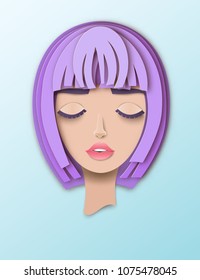 Vector portrait of young beautiful woman with purple hair. Modern digital paper layered art. Origami style. Beauty and fashion concept