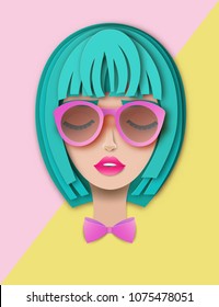 Vector portrait of young beautiful woman with short hair and sunglasses. Modern digital paper layered art. Origami style. Beauty and fashion concept