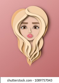 Vector portrait of young beautiful woman with long hair. Modern digital paper layered art. Origami style. Beauty and fashion concept