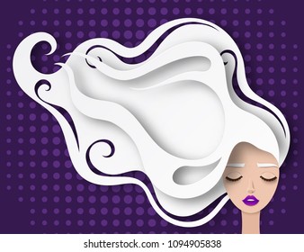 Vector portrait of young beautiful woman with long white hair. Modern digital paper layered art. Origami style. Beauty and fashion concept