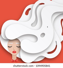 Vector portrait of young beautiful woman with long wavy hair and closed eyes. Modern digital paper layered art. Origami style. Beauty and fashion concept