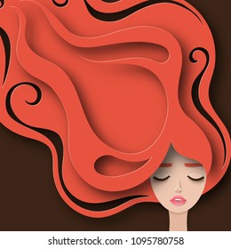 Retrato vectorial de una joven hermosa mujer con el largo cabello rizado rojo. Arte moderno en capas de papel digital, estilo originami. Concepto de belleza y moda