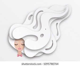 Vector portrait of young beautiful woman with long wavy hair and closed eyes. Modern digital paper layered art. Origami style. Beauty and fashion concept
