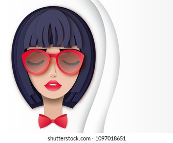 Vector Portrait Of Young Beautiful Woman With Short Hair And Sunglasses. Modern Digital Paper Layered Art. Origami Style. Beauty And Fashion Concept