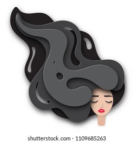 Vector portrait of young beautiful woman with long curly hair and closed eyes. Modern digital paper layered art. Origami style. Beauty and fashion concept