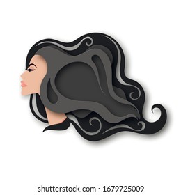 Vector portrait of young beautiful woman with long curly hair. Modern digital paper layered art. Origami style. Beauty and fashion concept