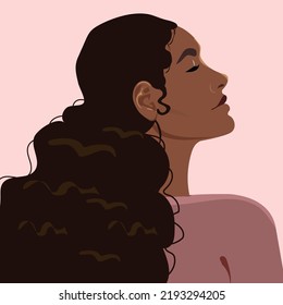 Vector portrait of a young Black Woman with a beautiful hairstyle. Serene and happy black woman.