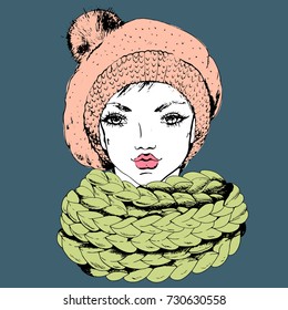Vector portrait of young cute girl with knitting scarf and hat. Hand drawn illustration for card, print, logo and other fashion design.