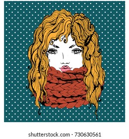 Vector portrait of young cute girl with knitting scarf and beautiful curly wigs. Hand drawn illustration for card, print, logo and other fashion design.