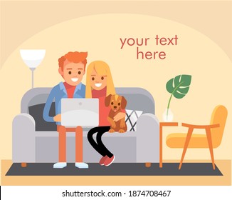 Retrato vectorial de la familia joven, pareja con cachorro sentado en el sofá del sofá del sofá del sofá, compras en línea, conversación por videochat, viendo contenido de fotos en video en una laptop