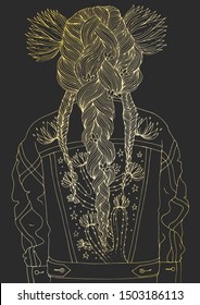 Vector portrait of a young girl back view with hairstyle with three braided pigtails decorated with two large lilies. Dressed up in denim retro jacket with cactus. Print t-shirt Golden lines on gray 