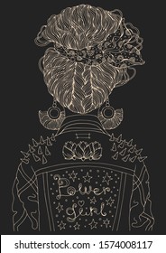 Vector portrait of a young girl back view with hairstyle loose bun wrapped in a scarf. Dressed up in denim retro jacket and spikes on the shoulders Slogan power girl Yellow lines on gray background