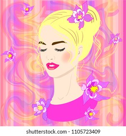 Vector portrait of a young girl with flowers on the abstract caramel background