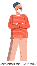 Retrato vectorial de un joven con mascarilla médica cruzada en el pecho con fondo blanco. Pandemia viral, protección contra la infección viral mundial. Protección respiratoria frente a la pandemia vírica