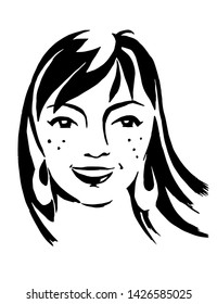 Vector portrait of young happy smiling woman face, black and white graphic 