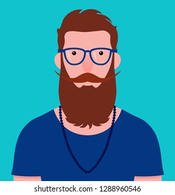 Vector portrait of young hipster with brown beard and mustache wearing blue shirt and glasses on green background