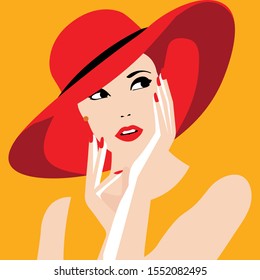 A vector portrait for a young lady with a large red hat