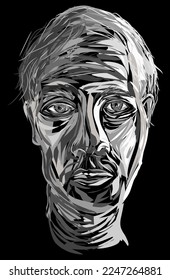 Vector portrait of young man in black and white color. Rough expression brush stroke, front view to human head