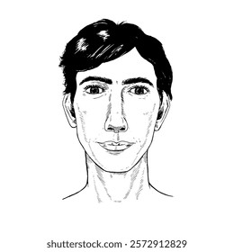 Vector portrait of a young man with curly hair, thick eyebrows, and a serious expression. Hand drawn black and white sketch in a lifelike, realistic style with detailed line art