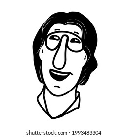 Retrato vectorial de un joven con gafas, sonriendo. Estilo Doodle, en negro.