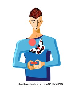 Vector portrait of a young man with a mobile on a white background