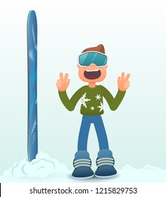 vector portrait of a young man on a snowboard, winter sports, fun, joy