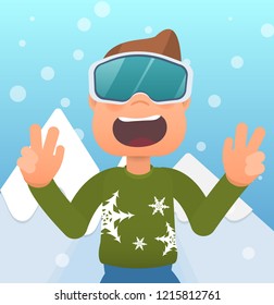 vector portrait of a young man in a ski resort, winter sports, fun, joy