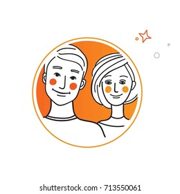 Vector portrait of young pretty couple. Friends, lovers, family.