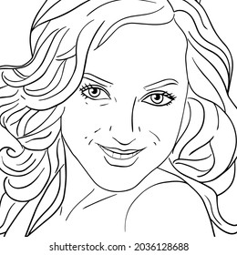 Vector portrait of a young smiling woman with her hair down close-up. Coloring page.