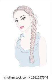 vector portrait of young tender beautiful woman with long blond hair braid isolated on white background