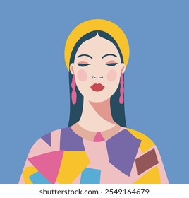 Retrato vetorial de uma jovem. Conceito de feminismo. Moderno retrato brilhante da mulher avatar para redes sociais estilo simples plano e abstração. Ilustrações modernas para design de interiores e web design