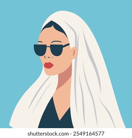 Retrato vetorial de jovem mulher com lenço de cabeça e óculos. Conceito de feminismo. Moderno avatar de retrato brilhante para redes sociais estilo simples plano e abstração. Ilustrações modernas para design de interiores