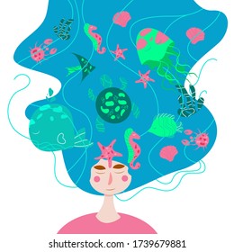 Vector portrait of young woman with long wavy hair with sea and ocean fauna. Ecology, clean mind, travel concept. Modern flat illustration art. Hand drawn style.