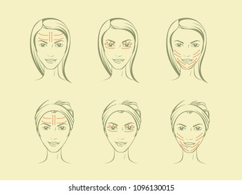 Vector portrait of young woman with massage lines, face massage layout