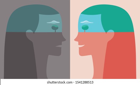 Vector portrait of young woman in profile seen in two opposite moods, happy and sad, isolated on backgrounds in pastel colors