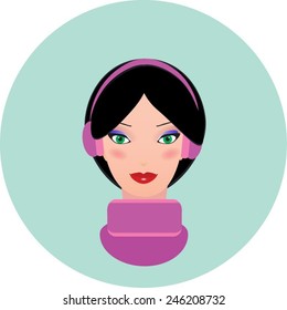 Vector portrait of a young woman wearing warm earmuffs. Vector girl face.