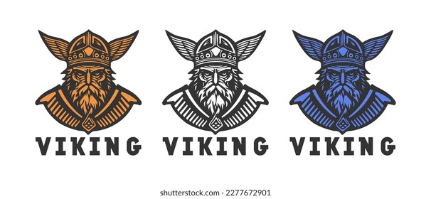 Vector portraits of colored ancient viking warriors in armor. Helmet with wings. Logo, sticker or emblem. White isolated background.