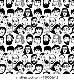 vector portraits, different faces and types of people, men, women, old people, girls and young people. seamless vector pattern with graphic pattern of different faces of the crowd