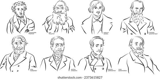 Vector portraits of famous Russian writers. Alexander Pushkin, Leo Tolstoy, Nikolai Gogol, Ivan Turgenev, 
Fyodor Dostoevsky, Anton Chekhov, Mikhail Lermontov, Ivan Goncharov   