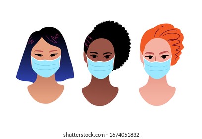 Vector portraits of female multiethnic characters wearing protection medical mask isolated on white background. Coronavirus quarantine illustrations icons.