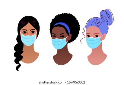 Vector portraits of female multiethnic characters wearing protection medical mask isolated on white background. Coronavirus quarantine illustration concept.