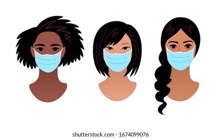 Vector portraits of female multiethnic characters wearing protection medical mask isolated on white background. Coronavirus quarantine illustration concept.