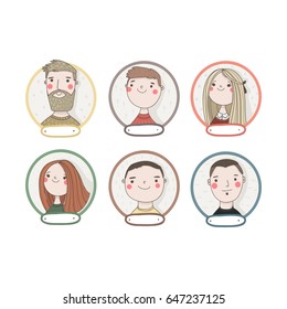 "Vector portraits isolated on a white background. A bearded man, a cute boy, a girl with long blond hair, a girl with long red hair, a boy with short brown hair and a young man in colorful circles