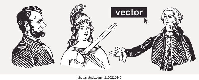 Vector portraits Lincoln  Washington    Victory Goddess  Illustration US history   4th July celebration in engraving style  Perfect for independence day cards  invitations  banners 